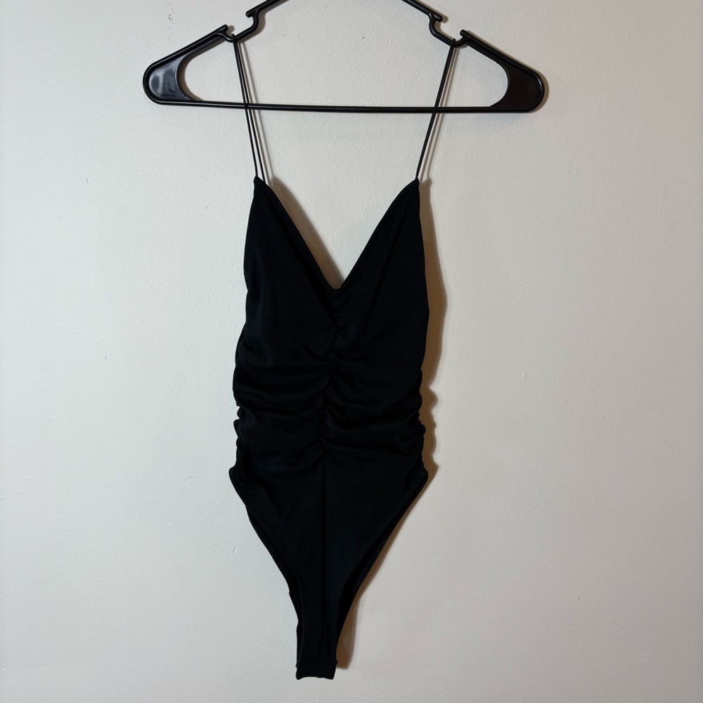ZARA Black Ruched Bodysuit with Spaghetti Straps Size Small